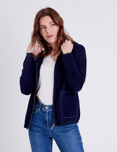 Gilet manches longues à capuche bleu marine femme