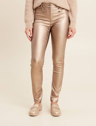 Pantalon ajust&eacute; enduit &agrave; pont taupe femme