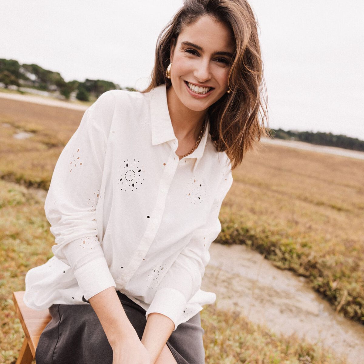 Chemise manches longues ecru femme