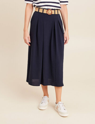 Jupe longue &eacute;vas&eacute;e ceintur&eacute;e bleu fonc&eacute; femme