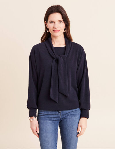 Pull col ch&acirc;le manches longues bleu marine femme