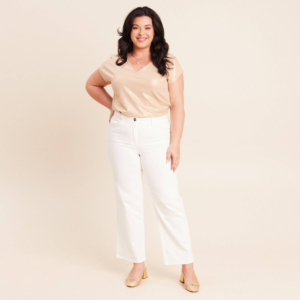 Jean coupe large 7/8&egrave;me taille haute blanc femme
