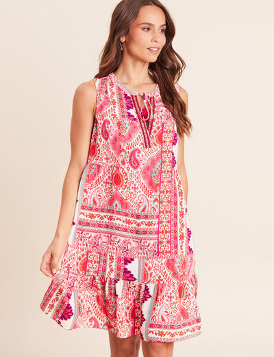 Robe courte &eacute;vas&eacute;e col tunisien rose femme