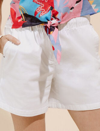 Short coupe mom taille &eacute;lastiqu&eacute;e blanc femme