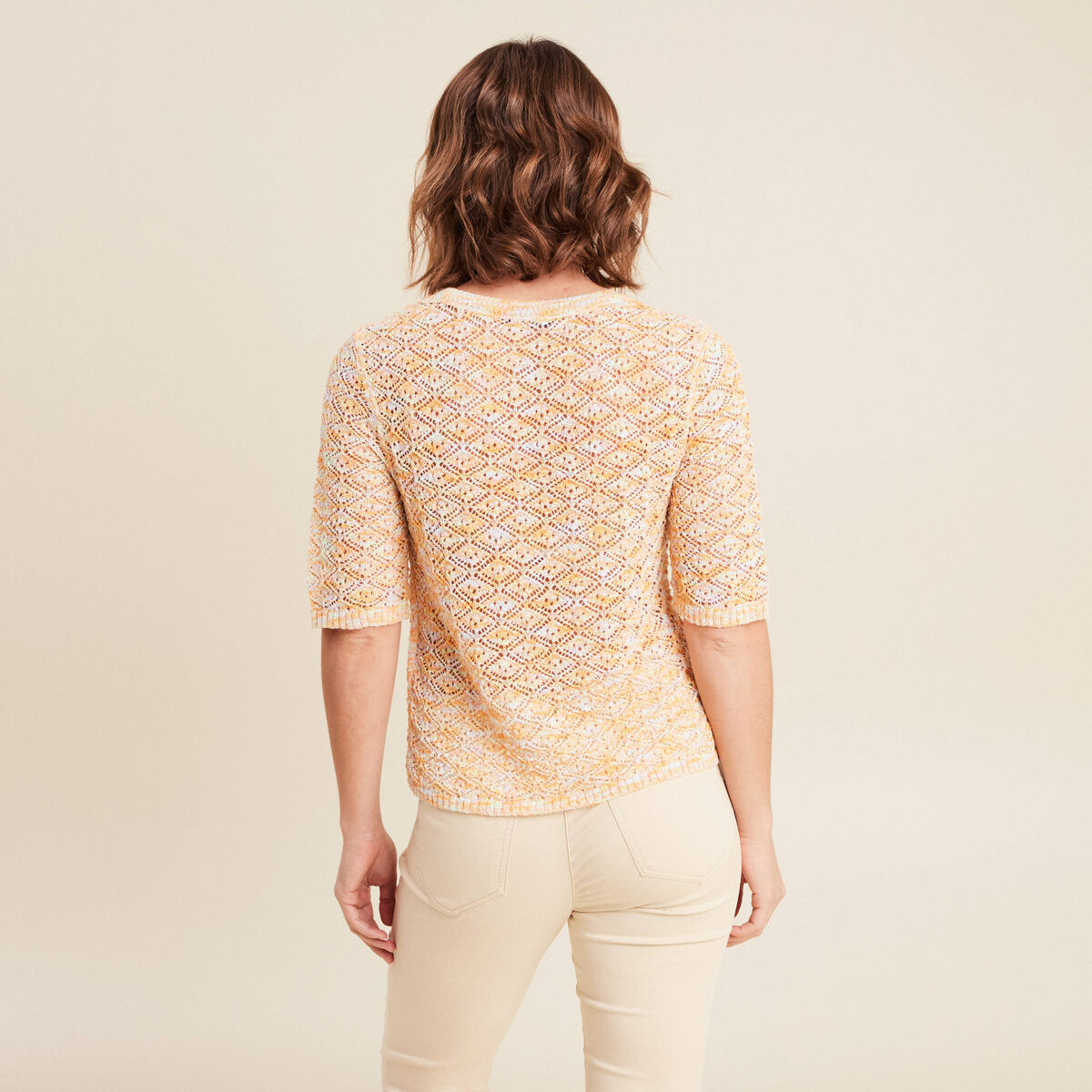 Pull manches courtes ajouré multicolore femme
