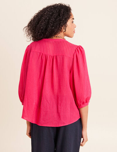 Blouse ample col tunisien manches 3/4 rose fushia femme