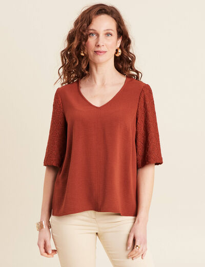 Blouse manches 3/4 marron foncé femme