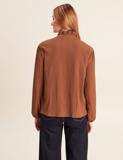 Blouse droite pliss&eacute;e col montant marron fonc&eacute; femme