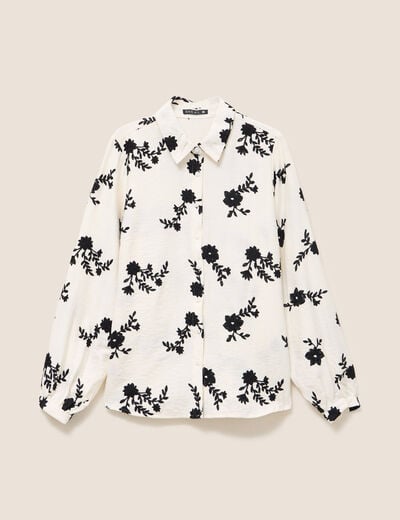 Chemise fluide brod&eacute;e manches longues blanc femme