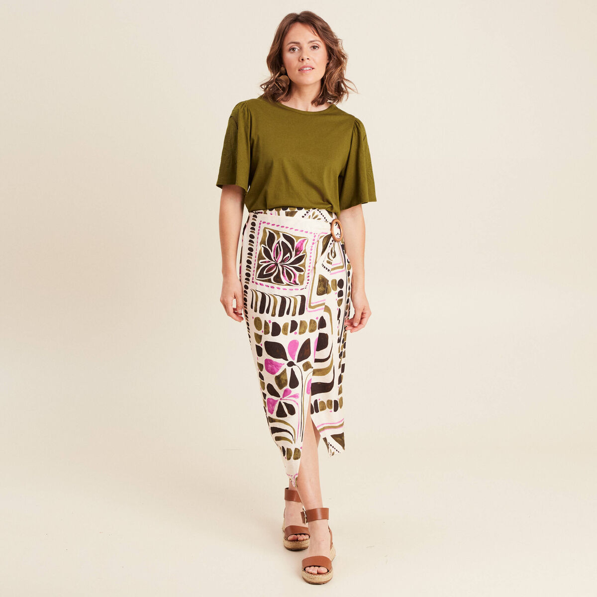 T-shirt manches courtes vert olive femme