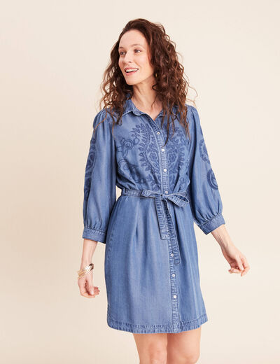 Robe courte &eacute;vas&eacute;e manches 3/4 brod&eacute;e denim double stone femme