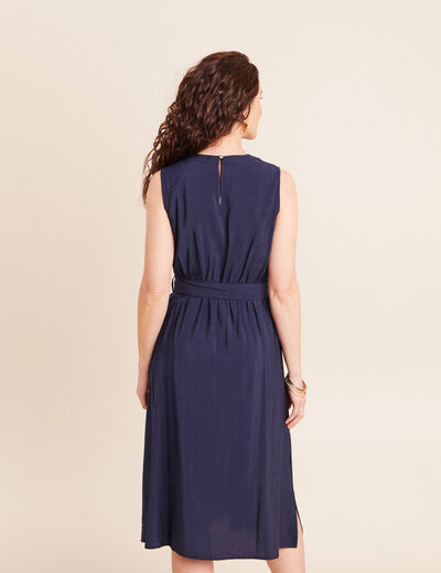 Robe &eacute;vas&eacute;e 3/4 sans manches ceinture bleu marine femme