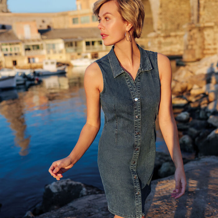 Robe droite en jean réversible bleu femme