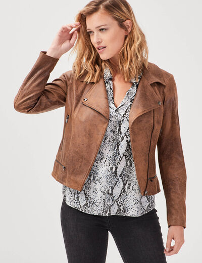 Veste esprit motard zipp&eacute;e marron fonc&eacute; femme