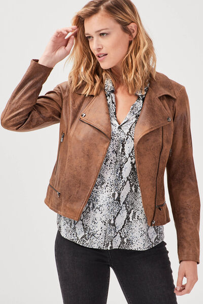 Veste esprit motard zippée marron foncé femme