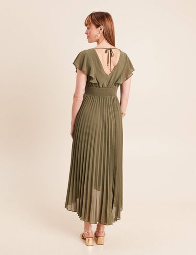 Robe longue &eacute;vas&eacute;e &agrave; volants vert kaki femme