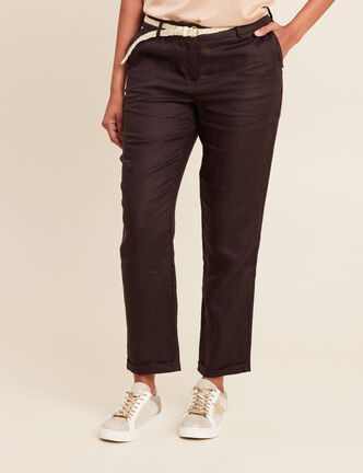 Pantalon flou ceinturé marron foncé femme