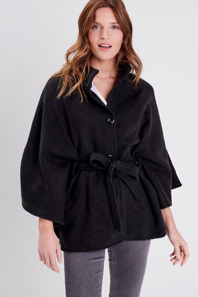 Poncho boutonné ceinturé noir femme