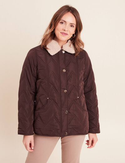 Doudoune courte doubl&eacute;e col amovible marron fonc&eacute; femme
