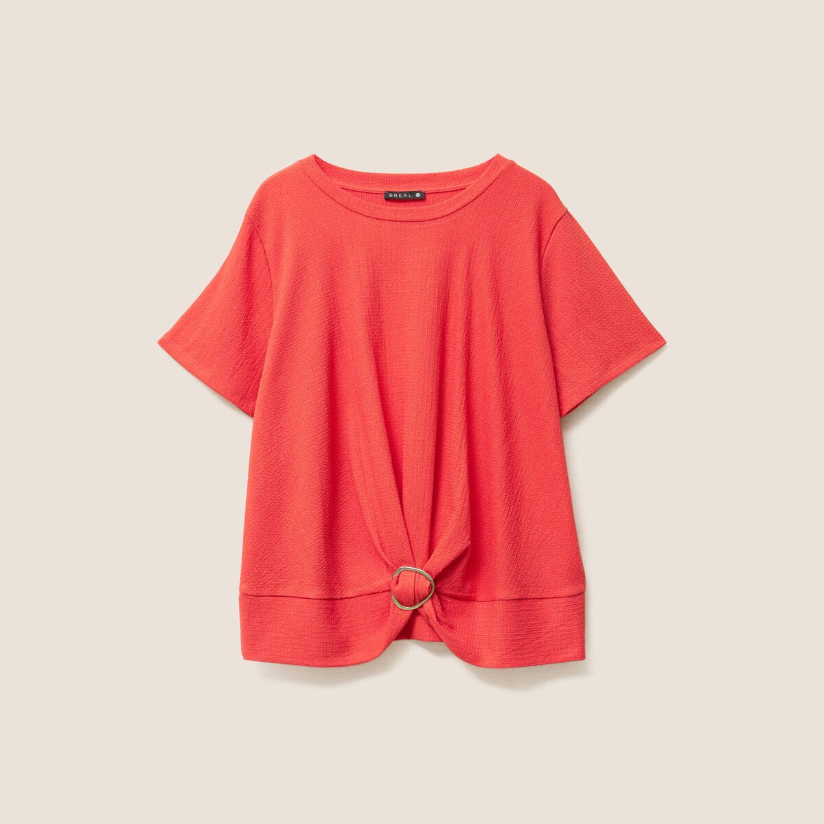 Top court bas resserré col rond rouge corail femme