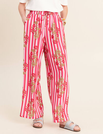 Pantalon large taille haute rose femme