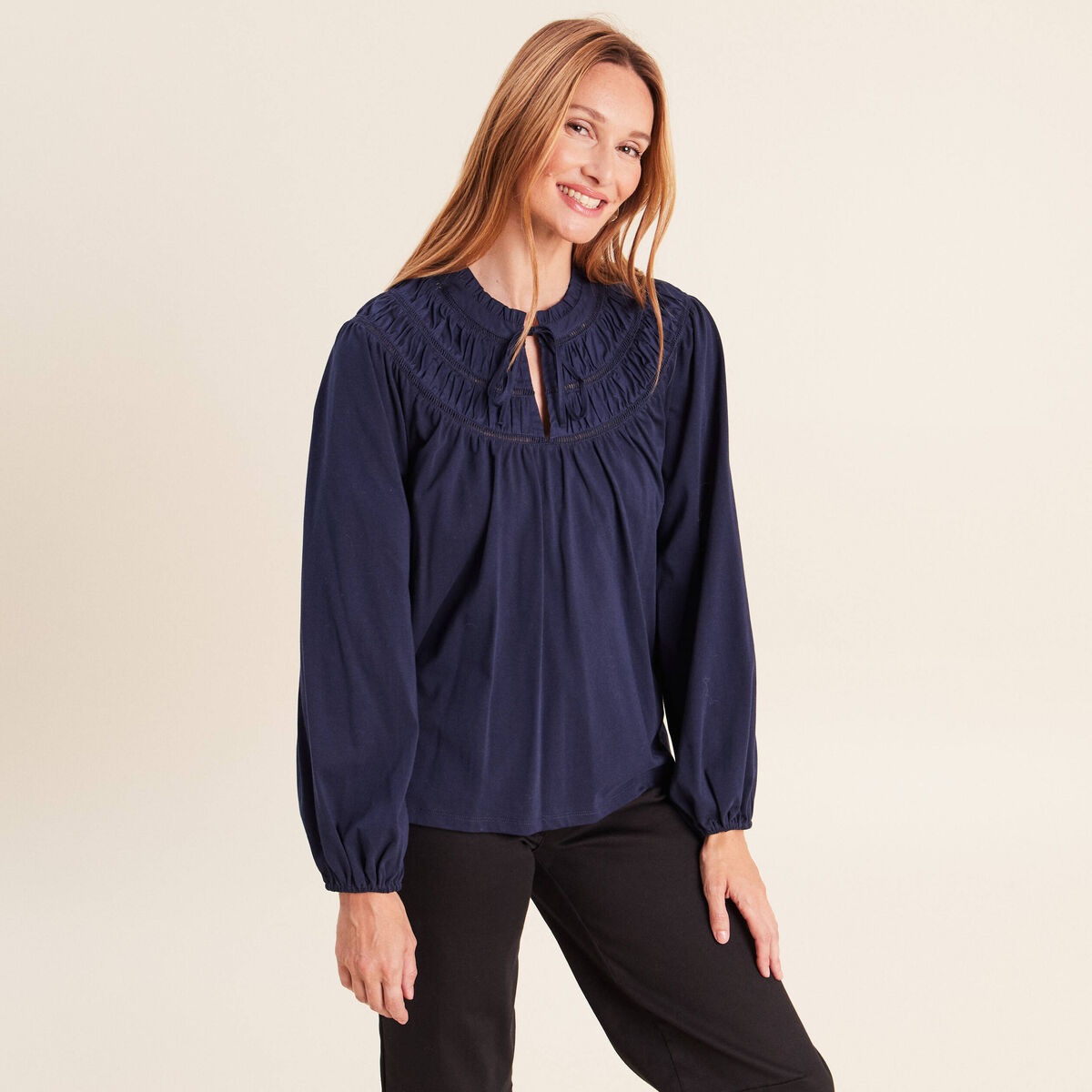 Blouse col tunisien manches longues bleu marine femme