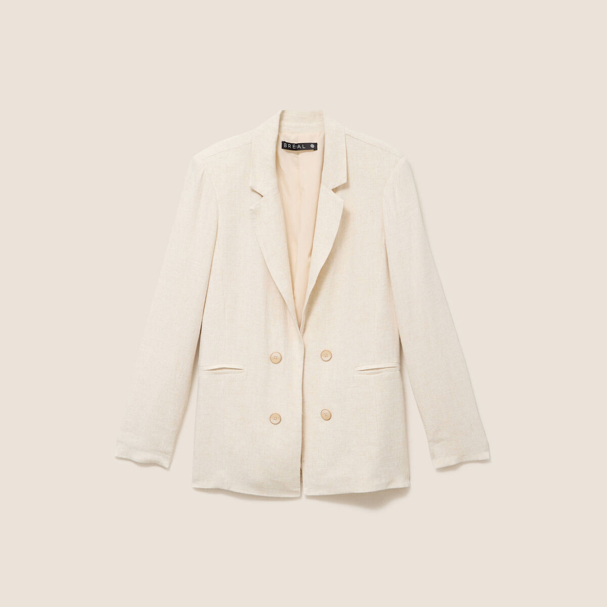 Blazer droit long manches 3/4 doubl&eacute; beige femme