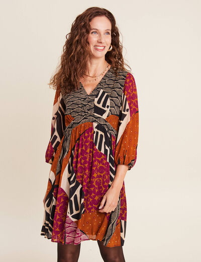 Robe évasée fluide manches 3/4 multicolore femme