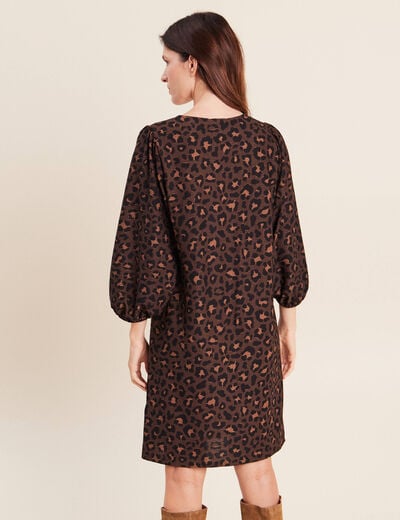 Robe courte &eacute;vas&eacute;e col v manches 3/4 marron femme
