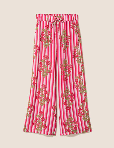 Pantalon large taille haute rose femme