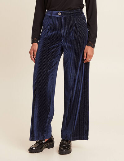 Pantalon large velours bleu foncé femme