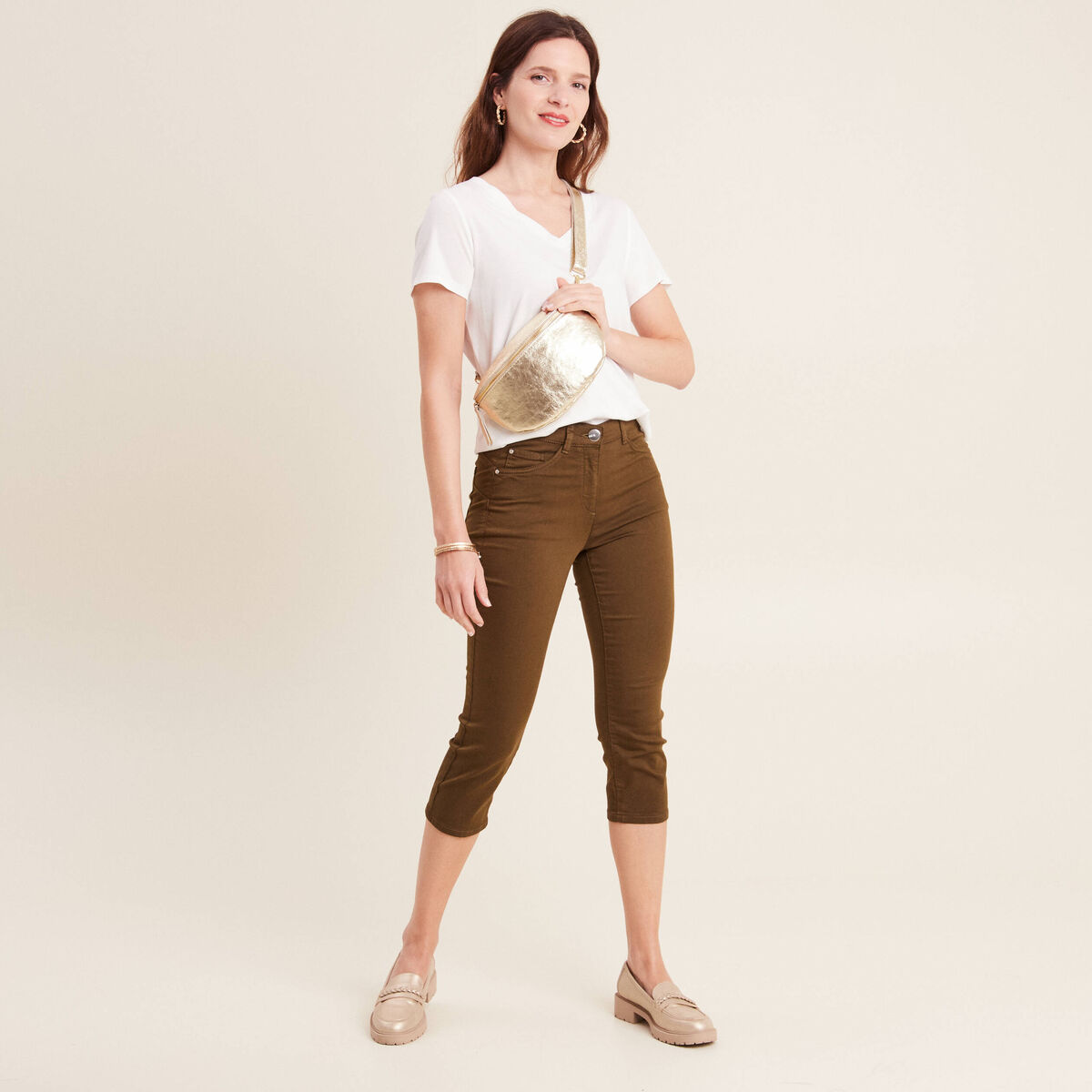 Pantacourt droit taille standard vert kaki femme
