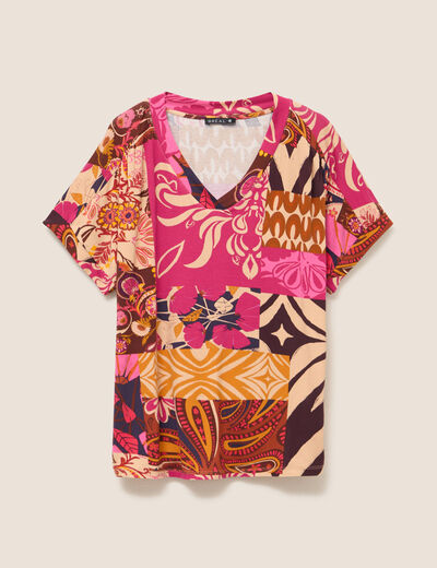 T-shirt col v manches courtes rose femme