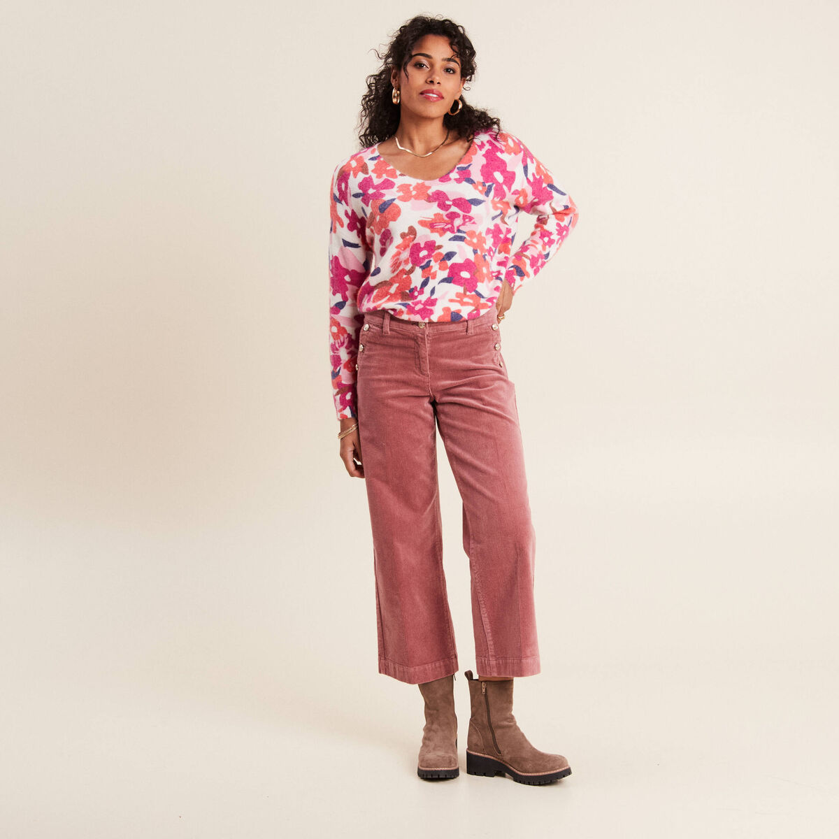 Pantalon large velours c&ocirc;tel&eacute; rose framboise femme