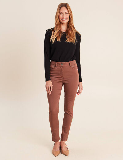 Pantalon coupe ajust&eacute;e taille haute marron femme