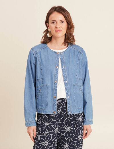 Blouson boutonné en jean denim double stone femme