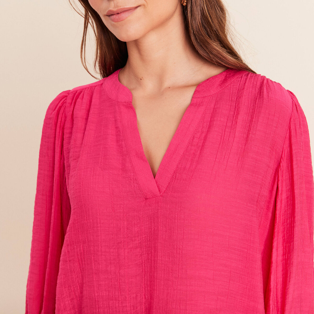 Blouse ample col tunisien manches 3/4 rose fushia femme