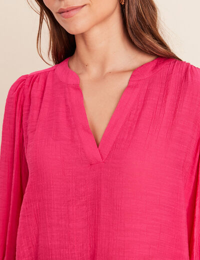 Blouse ample col tunisien manches 3/4 rose fushia femme