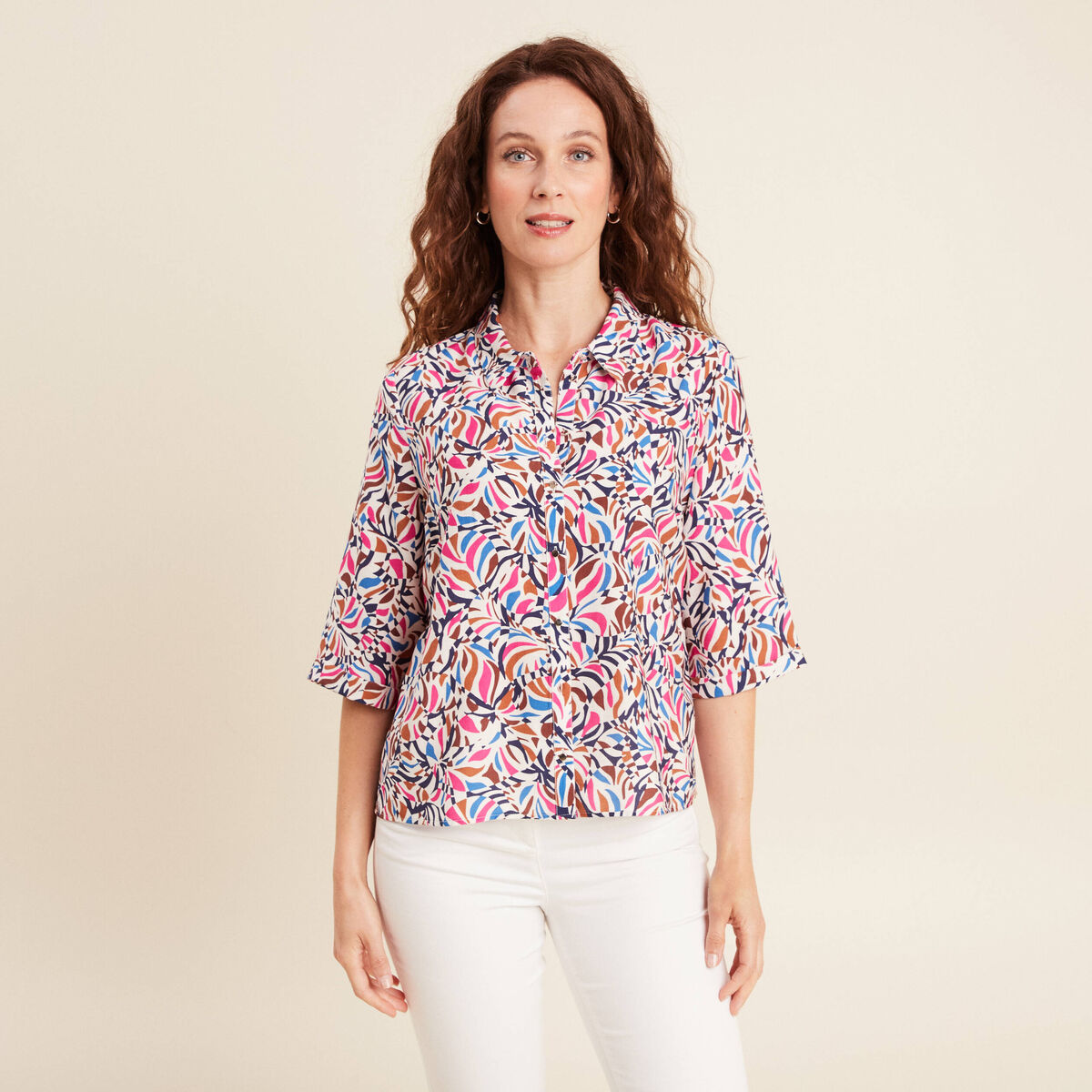 Chemise fluide col chemise manches 3/4 bleu femme