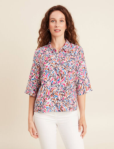 Chemise fluide col chemise manches 3/4 bleu femme