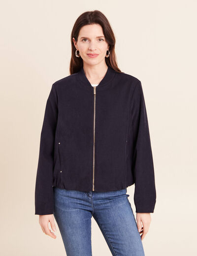 Bomber manches longues en velours doubl&eacute; bleu fonc&eacute; femme