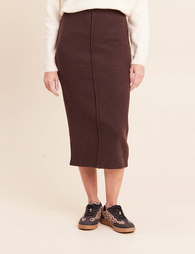 Jupe longue droite en maille marron fonc&eacute; femme