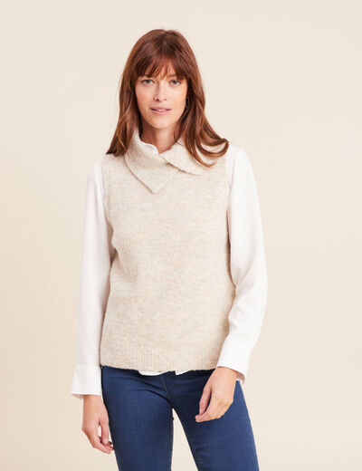 Pull sans manches col boule bouclette creme femme