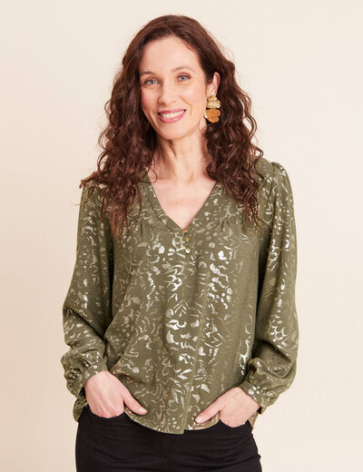 Blouse ample col v manches longues vert kaki femme