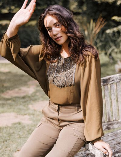 Blouse manches longues vert olive femme