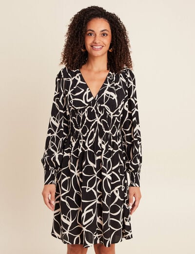 Robe courte &eacute;vas&eacute;e col v manches longues noir femme
