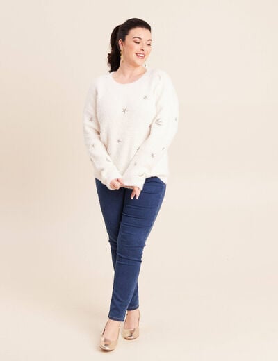 Pull brod&eacute; manches longues ecru femme