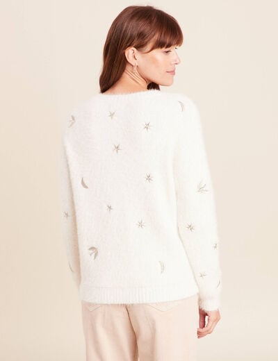 Pull brod&eacute; manches longues ecru femme