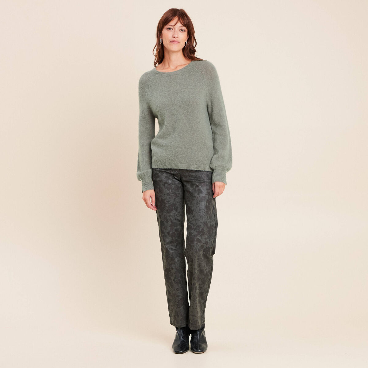 Pantalon taille bascul&eacute;e vert femme