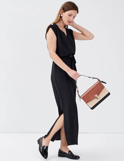 Robe longue droite ceinturée noir femme
